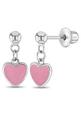nice silver pink enamel heart dangle screw back baby earrings     